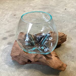 流木台座 吹きガラスの花瓶 透明クリア ガラス花器 テラリウム アクアリウム水槽 バリガラス 未使用品