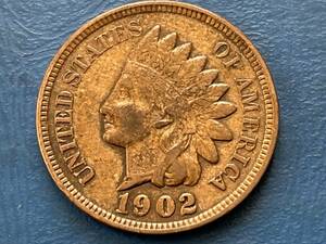 ☆【アメリカ1セント青銅貨：1902年1セント（Bronze）、インディアンヘッド、カタログ値（3.11ｇ、Copper95％）】銅貨　F145☆