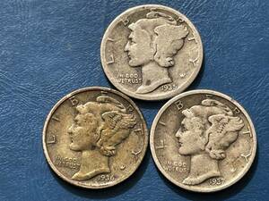 【アメリカ1ＤＩＭＥ（10セント）銀貨3枚：1935（S）/1936（S）/1937（D）年マーキュリー、カタログ値（2.5ｇ、silver900）】銀貨　F171☆