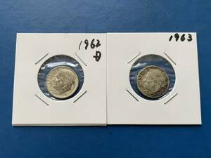 【アメリカ1ＤＩＭＥ（10セント）銀貨2枚：1962（D）/1963年、ルーズベルト、カタログ値（2.5ｇ、silver900）ホルダー入り】銀貨　F195