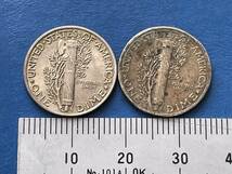 ☆【アメリカ1ＤＩＭＥ（10セント）銀貨2枚：1945年、マーキュリー、カタログ値（2.5ｇ、silver900）】銀貨　F203☆_画像3
