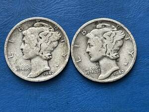 ☆【アメリカ1ＤＩＭＥ（10セント）銀貨2枚：1942(S)/1942年、マーキュリー、カタログ値（2.5ｇ、silver900）】銀貨　F205☆