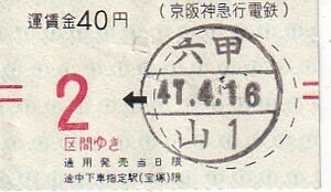 京阪神手売り軟券変型区間式乗車券六甲駅発行S47