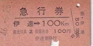 国鉄A型常備100Km急行券伊達駅発行S46