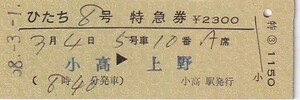 国鉄ひたち(印刷)8号特急券小高駅発行S58