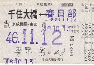 京成駅名・金額式発駅印刷東武連絡通勤定期乗車券千住大橋駅発行S46