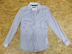 ZARA WOMAN ザラウーマン レディース 綿100% ヘアラインストライプ柄 前立フリル Vネック 長袖シャツ 小さいサイズ XS 紫