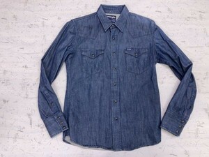 ラングラー Wrangler エドウィン EDWIN オールド レトロ アメカジ ユーズド 長袖 デニム ウエスタン シャツ メンズ S 紺