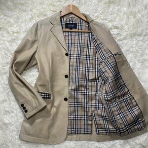 S相当● バーバリーブラックレーベル テーラードジャケット ラムレザー 羊革 ノバチェック BURBERRY BLACK LABEL レザージャケット 刻印釦