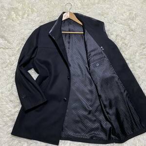 極美品/ L相当● ダンヒル ステンカラーコート 裏地ダミエ柄 レザー切替 本革 dunhill ロング丈 コート アウター 黒