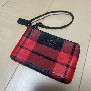 美品 COACH コーチ ポーチ ショルダーバッグ レザー チェック柄 ウォレット 小銭入れ ミニウォレット 財布 小物入れ