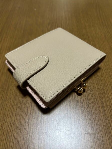 二つ折り財布 がま口 本革 BOX型小銭入れ バイカラー スキミング防止 エクルベージュ×ピンク
