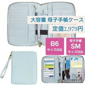 新品☆定価2,979円 ブルー☆大容量 母子手帳ケース B6サイズ対応 お薬手帳 診察券ケース 通院ケース 20ポケット 保険証 多機能 撥水性 青