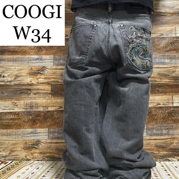 COOGI クージー ブラックデニム ジーンズ 極太 黒 灰色 グレー w34 刺繍 ストリート b系 y2k オーバーサイズ ジーパン Gパン メンズ