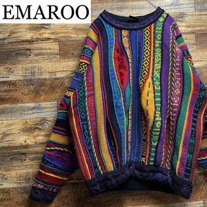 EMAROO エマルー 総柄 3Dニットセーター 古着 オーバーサイズ ボーダー 立体刺繍 縦縞 カラフル オーストラリア ウール100 個性的