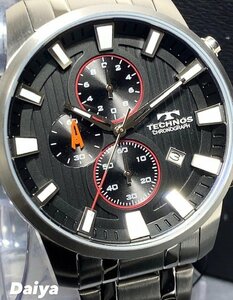 新品 TECHNOS テクノス 腕時計 正規品 アナログ クオーツ クロノグラフ カレンダー ステンレス 5気圧防水 24時間計 ブラック プレゼント