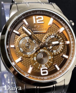 新品 TECHNOS テクノス 正規品 腕時計 メンズ クロノグラフ 腕時 アナログ 3Ｄインデックス 多機能腕時計 10気圧防水 ブラウン ステンレス