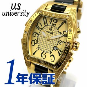 【1円】【長渕剛さん愛用】UNIVERSITYユニバーシティクォーツ腕時計トノー型防水ステンレスアナログ日付カレンダー蓄光ゴールドオラオラ系