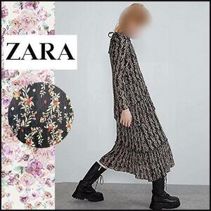  【ザラ/ZARA】花柄　フラワープリント　マキシ丈　ワンピース　伸縮性　黒　小花　ブラック　フリル　L　ロング　長袖　送料無料