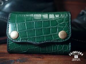 手縫い クロコダイル・コンパクトウォレット ビンテージグリーン ミニ財布