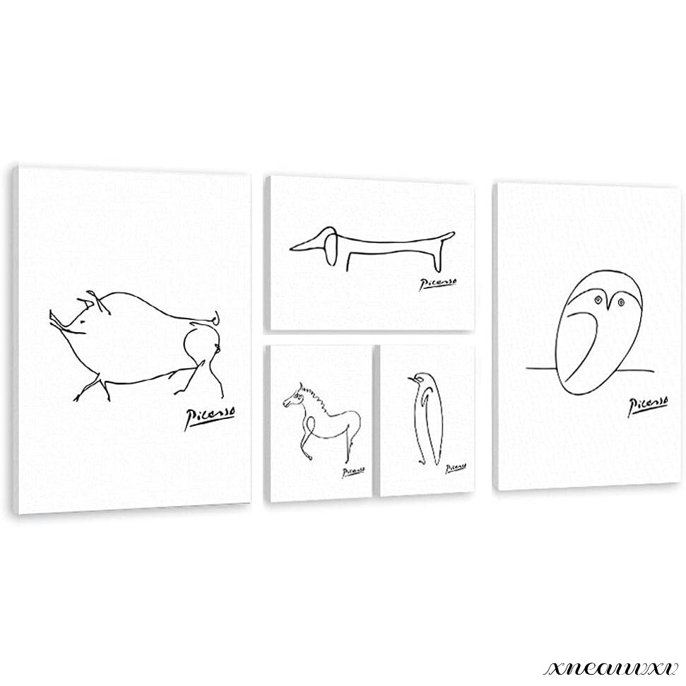 Set of 5 Picasso Art Panels Animal Reproduction Modern Interior Wall Hanging Room Decor Decoration Canvas Painting Art Appreciation Stylish Redecoration, artwork, painting, acrylic, gouache