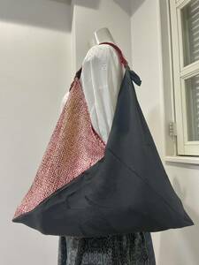 着物リメイク★エコバッグあづま袋を作りました　正絹縮緬地模様＆絞り染め　黒紅