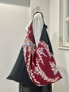 着物リメイク★ちょっと大きめエコバッグあづま袋を作りました　正絹地模様＆縮緬辻ヶ花　黒濃紅