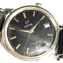 エニカ 腕時計 ラウンド デイト STAR JEWELS 200 黒文字盤 手巻き メンズ 社外ベルト 稼働 ENICAR QR023-403_画像1