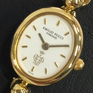 1円 エミリオプッチ 腕時計 オーバル 白文字盤 ゴールドカラー クォーツ レディース 純正ベルト 保存ケース付 A10613