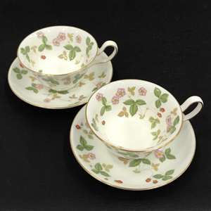 1円 ウェッジウッド ワイルドストロベリー ティーカップ ＆ ソーサー 金彩 ホワイト ペア 2客 セット WEDGWOOD