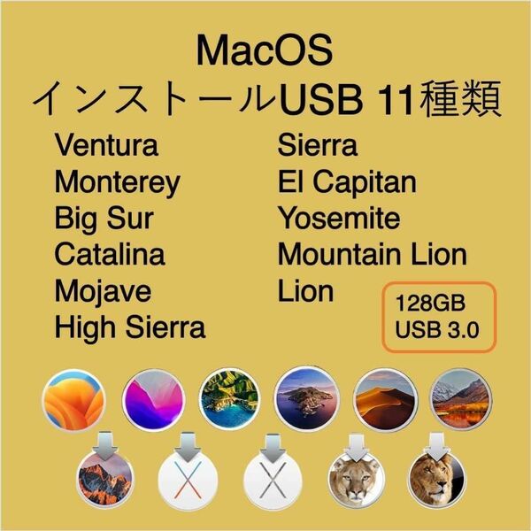 [変換アダプター付] Mac OS インストール用USB 11種類 （Ventura,Monterey, ～ Lion）