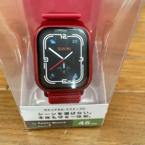 Apple Watch series7 45mm フルカバーケース ガラス バンド一体型 ファブリック レッド