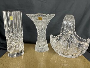 s 未使用 クリスタル ガラス 花瓶 フルーツバスケット 3点セット BOSPORUS CRYSTAL KAGAMI CRYSTAL 長期保管品