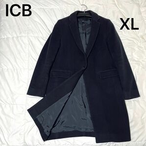 【美品】ICB　ロングチェスターコート　カシミヤ　XLブラック　大きいサイズ