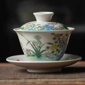 中国茶器　蓋碗　女性ぴったり　草木灰　百花争艶　大特価