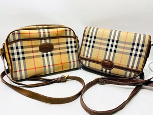 1円～ BURBERRY バーバリー ノバチェック ナイロンキャンバス×レザー ショルダーバッグ ベージュ系×ブラウン系 ヴィンテージ 2点セット 