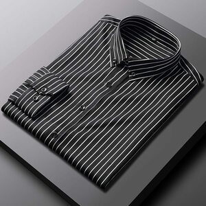 P024-L新品DCKMANY■縦縞 長袖シャツ メンズ ノーアイロン 形態安定 ビジネス ストライプ ワイシャツ シルクのような質感/ブラック