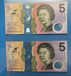 オーストラリア ドル 5ドル紙幣 2枚 連番 10AUD Australian banknotes 10Dollars polymer