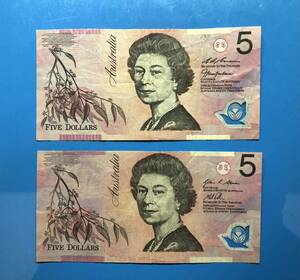 オーストラリア ドル 旧 5ドル紙幣 2枚 サイン違い 豪州では普通に使えます 10AUD Australian banknotes 10Dollars polymer