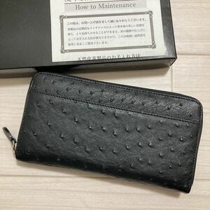 新品未使用 メンズ レディース 長財布 革財布 ラウンドファスナー 本革 天然皮革 オーストリッチ 黒 ブラック 金運 仕事運 開運 高級 素材