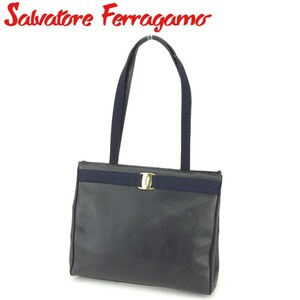  Salvatore Ferragamo tote bag shoulder bag lady's Lizard style vala black navy Gold used 