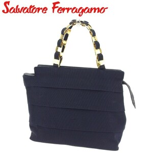  Salvatore Ferragamo handbag tote bag lady's vala chain tia-do navy Gold used 