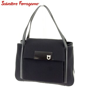 Salvatore Ferragamo handbag tote bag lady's gun chi-ni black silver used 