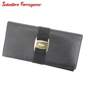  Salvatore Ferragamo long wallet fastener attaching long wallet lady's vala metal fittings black used 