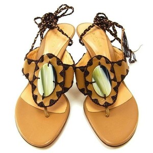 Sergio Rossi Sandal Shoes Shoes Ladies ♯ 36 Tong Emelcodery Lace -up Beige x Используется на основе коричневых