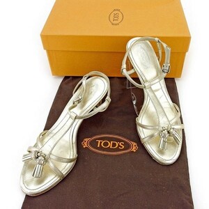  Tod's sandals shoes shoes lady's #37 T strap rhinestone Mini tassel Gold silver used 