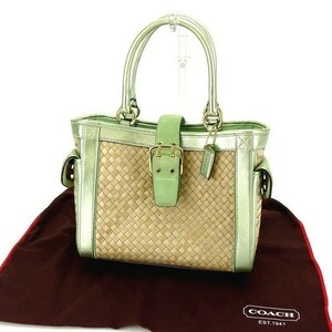  Coach tote bag basket bag lady's belt design natural × green × Gold used 