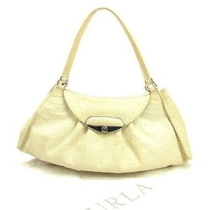  Furla shoulder bag lady's Ostrich style beige × silver used 
