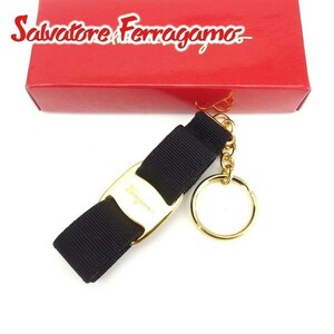  Salvatore Ferragamo key holder key ring lady's vala ribbon black Gold used 