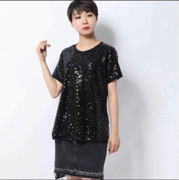 GUESS ゲス スパンコールカットソー Tシャツ XS~S 定価¥8690 新品 黒 ブラック